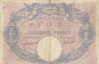 France 50 Francs Pink and blue - 07-04-1909 Serial C.3652