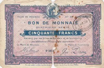 France 50 Francs Roubaix-Tourcoing -  ND (1914-1918 ) - Serial 5038 - WWI