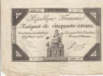 France 50 Livres - France seated - 14-12-1792 - Sign. Baret - Serial 5497