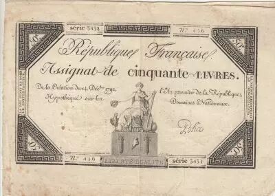 France 50 Livres - France seated - 14-12-1792 - Sign. Police - S�rie 5497