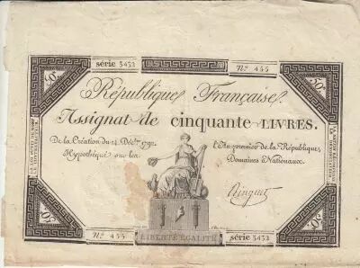 France 50 Livres - France seated - 14-12-1792 - Sign. Ringuet - Serial 3432
