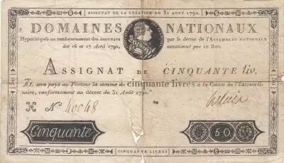 France 50 Livres - Louis XVI - Heluis Signature - 31-08-1792 - Serial H