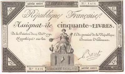 France 50 Livres France seated - 14-12-1792 - Sign. Baret - VF+