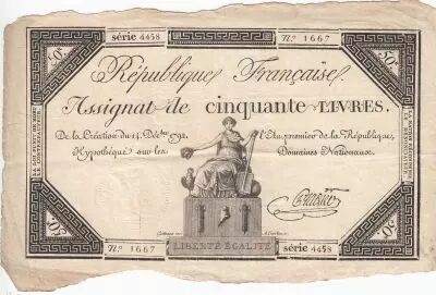 France 50 Livres France seated - 14-12-1792 - Sign. Pradier - VF