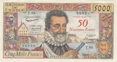 France 50 NF on 5000 Francs - Henri IV - 05-03-1959 - Serial T.98