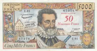 France 50 NF sur 5000 Francs - Henri IV - 30-10-1958 - Serial Z.91 - P.139