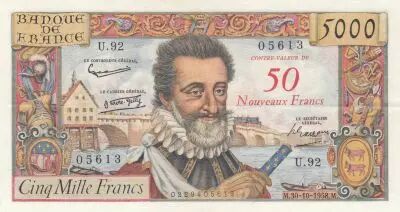 France 50 NF sur 5000 Francs Henri IV - 30-10-1958  - S�rie U.92