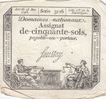 France 50 Sols - Liberty and Justice (23-05-1793) - VF - Sign. Saussay - Various serial - L.167.1