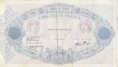 France 500 Francs - Blue and Pink - 09-02-1939 - Serial E.3211