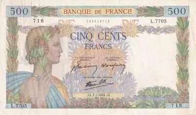 France 500 Francs - La Paix - 07-01-1943 - Serial L.7705 - P.95