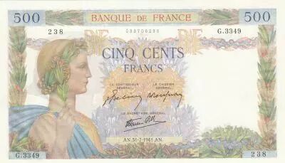 France 500 Francs - La Paix - 31-07-1941 - S�rie G.3349