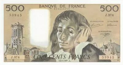France 500 Francs - Pascal - 02-05-1991 - Serial J.374 - Faurte