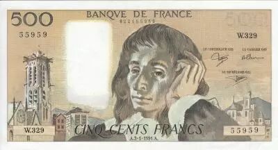 France 500 Francs - Pascal - 03-01-1991 - Serial W.329 - Faute