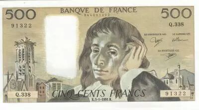France 500 Francs - Pascal - 03-01-1991 - S�rie Q.338