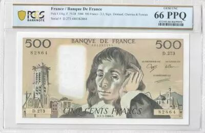 France 500 Francs - Pascal - 03-03-1988 - Serial D.273 - PCGS 66 PPQ