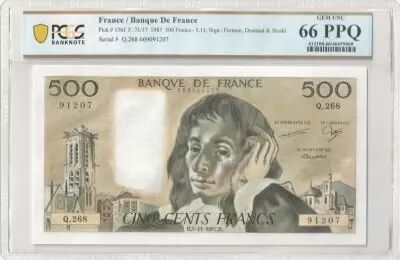 France 500 Francs - Pascal - 05-11-1987 - Serial Q.268 - PCGS 66 PPQ