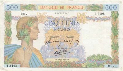 France 500 Francs - Pax with wreath - 09-07-1942 - Serial F.6198