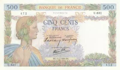 France 500 Francs - Pax with wreath - 11-07-1940 - Serial U.631