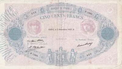 France 500 Francs - Pink and  blue - 03-11-1932 - Serial P.1985 - P.66