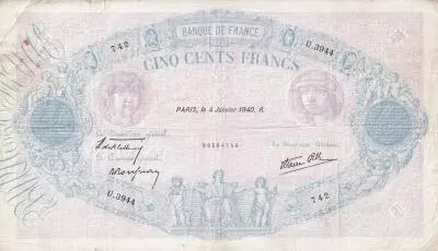 France 500 Francs - Pink and  blue - 04-01-1940 - Serial U.3944- P.66