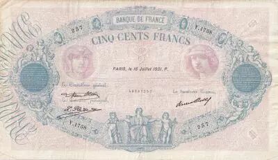 France 500 Francs - Pink and  blue - 16-07-1931 - Serial Y.1758 - P.66