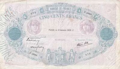 France 500 Francs - Pink and  blue - 19-10-1939 - Serial P.3668- P.66