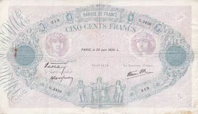 France 500 Francs - Pink and  blue - 26-06-1939 - Serial G.3458 - P.66