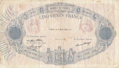 France 500 Francs - Pink and Blue - 09-03-1933 - Series W.2137