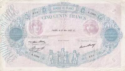 France 500 Francs - Pink and Blue - 27-05-1937 - Serial A.2588 - P.66
