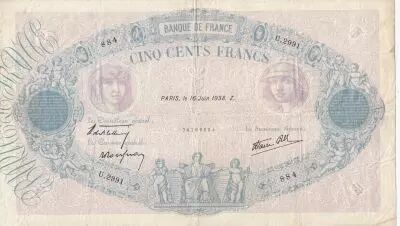France 500 Francs - Rose et Bleu - 16-06-1938 - S�rie U.2991  - F.31.15