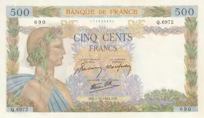 France 500 Francs - The peace - 01-10-1942 - Serial Q.6972