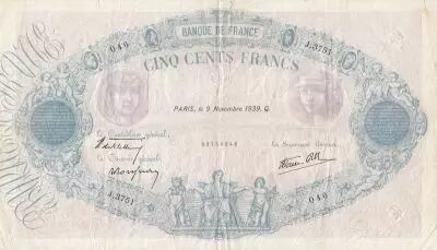 France 500 Francs Blue and pink - 09-11-1939 Serial J.3751