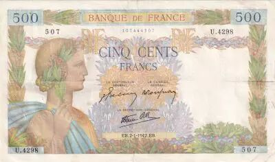 France 500 Francs Pax with wreath - 02-01-1942 Serial U.4298
