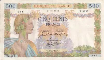 France 500 Francs Pax with wreath - 12-02-1942 Serial T.4699