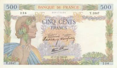 France 500 Francs Pax with wreath - 17-10-1940 Serial Y.1047 - XF