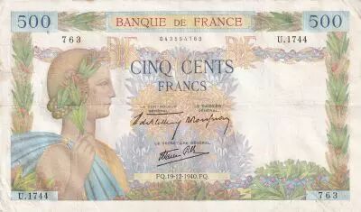 France 500 Francs Pax with wreath - 19-12-1940 Serial U.1744