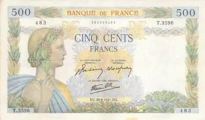 France 500 Francs Pax with wreath - 28-08-1941 Serial X.3596 - VF