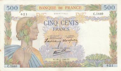 France 500 Francs Pax with wreath - 28-11-1940 - Serial C.1440