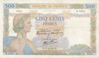 France 500 Francs Pax with wreath - 31-10-1940 Serial X.1214 - F+