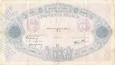 France 500 Francs Pink and Blue - 05-10-1939 Serial Q.3637 - F