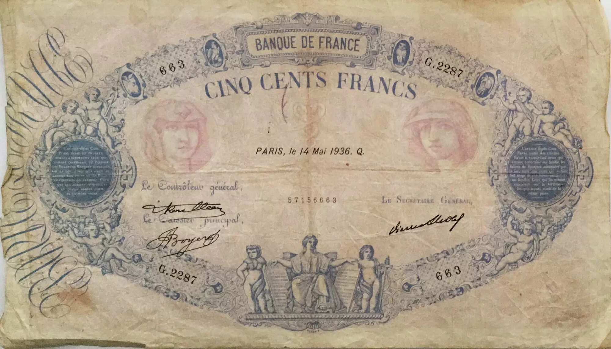 Banknote France 500 Francs Pink And Blue 14 05 1936 Serial G 2287 Vg To F
