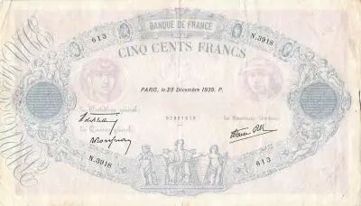 France 500 Francs Pink and Blue - 28-12-1939 Serial N.3918 - F