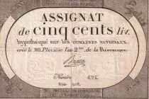 France 500 Livres - 20 Pluviose An II (8.2.1794) - VF - Sign. Busier