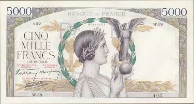 France 5000 Francs Victory - 13-10-1938 Serial W.38 - VF+