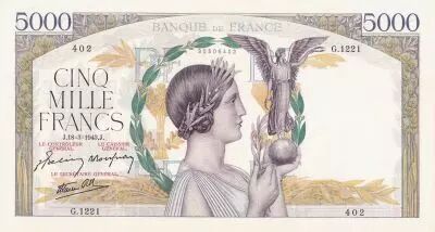 France 5000 Francs Victory - 18-03-1943 - Serial V.1221