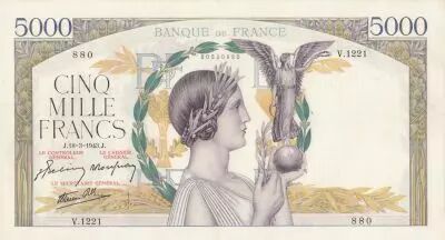 France 5000 Francs Victory - 18-03-1943 Serial V.1221 - XF to AU