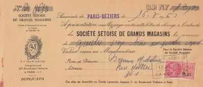 France 83.90 francs - Bank cheque receipt - Soci�t� S�toise de grands magasins - 16-07-1916