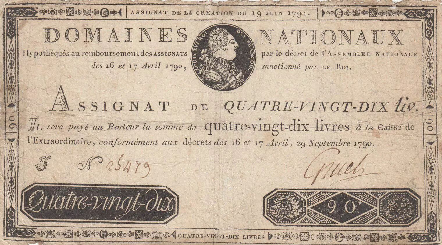 Banknote France 90 Livres Bust Of Louis Xvi Fake Assignat 19 06 1791 Vg To F
