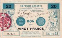 France Billets de n&eacute;cessit&eacute; de 20 francs - Novembre 1915 - Valenciennes - S&eacute;rie 21