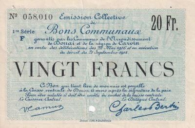 France Bon 20 Francs - Douai et R�gion de Carvin - 1916 - 1re S�rie F - Annul�